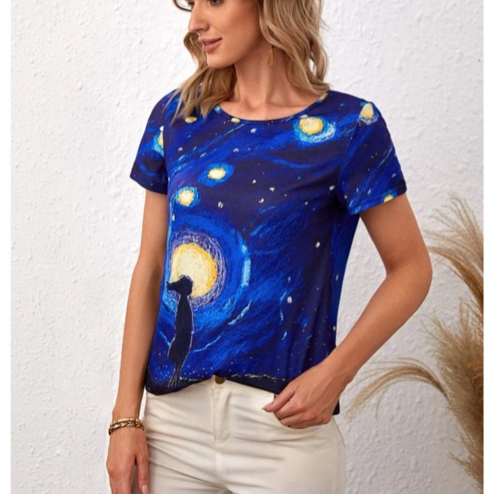 Women Casual Graphic T-shirts short sleeves Blue ** - Picture 4 of 5